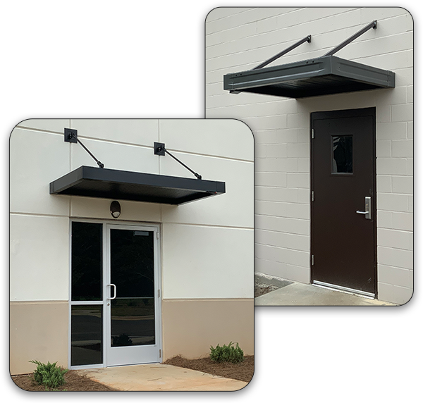 Two images with small doors and canopies.
